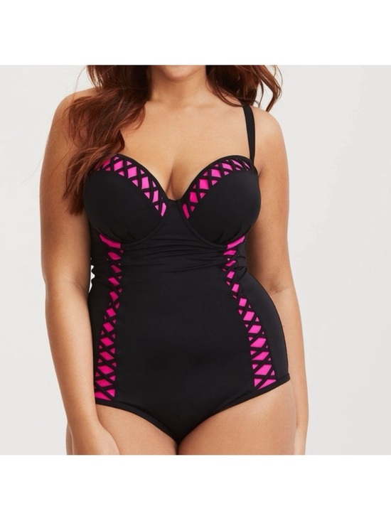 torrid Other - Torrid Black One-Piece Swim with Hot Pink Lattice Accents